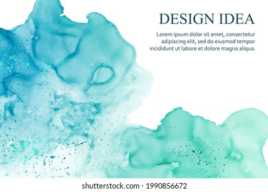 Modern watercolor background or elegant card design or wallpaper or poster with abstract teal ink waves and splashes on a white.