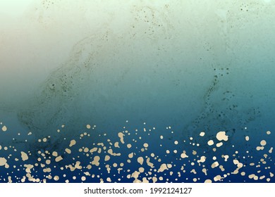 Modern watercolor background or elegant card design or wallpaper or poster with abstract blue ink stains and golden splashes.