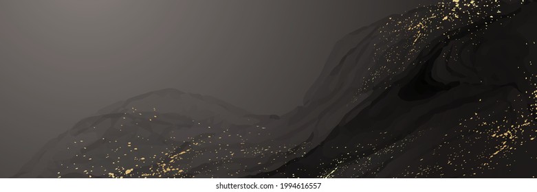 Modern watercolor background or elegant card design or banner or header with abstract black ink waves and golden splashes.