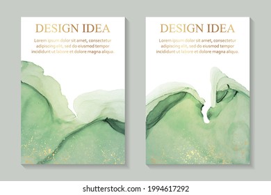 Modern watercolor background or elegant card design for birthday invite or wedding or menu with abstract green ink waves and golden splashes on a white.