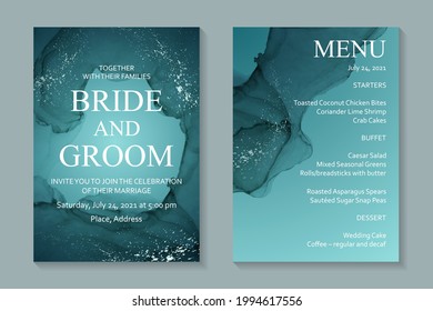 Modern watercolor background or elegant card design for birthday invite or wedding or menu with abstract teal ink waves and silver splashes.