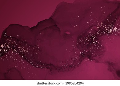 Modern watercolor background or elegant card design or wallpaper or poster with abstract crimson red ink waves and rose golden splashes.