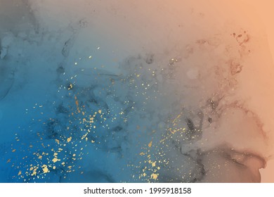 Modern watercolor background or elegant card design or wallpaper or poster with abstract blue and orange ink waves and golden splashes.