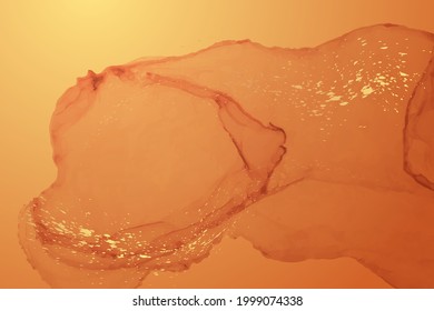 Modern watercolor background or elegant card design or wallpaper or poster with abstract orange ink waves and golden splashes.