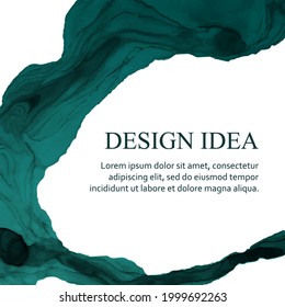 Modern watercolor background or elegant card design or wallpaper or poster with abstract turquoise ink waves on a white.