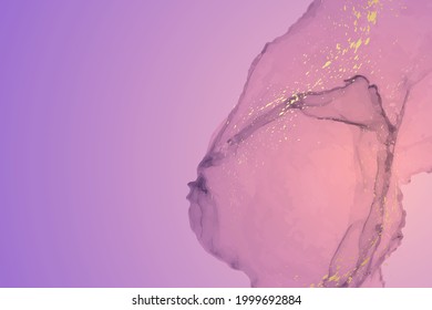 Modern watercolor background or elegant card design or wallpaper or poster with abstract pink and purple ink waves and golden splashes.