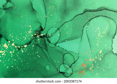 Modern watercolor background or elegant card design or wallpaper or poster with abstract green ink waves and golden splashes.
