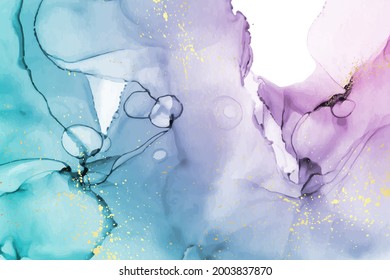 Modern watercolor background or elegant card design or wallpaper or poster with abstract teal,green, blue and purple ink waves and golden splashes.