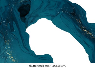 Modern watercolor background or elegant card design or wallpaper or poster with abstract dark green ink waves and golden splashes on a white.
