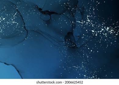 Fondo acuático moderno o diseño elegante de tarjetas o papel pintado o afiche con ondas abstractas de tinta azul oscuro y salpicaduras plateadas.