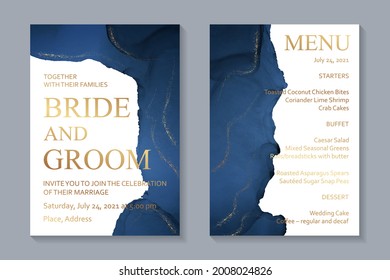 Modern watercolor background or elegant card design for birthday invite or wedding or menu with abstract navy blue ink waves and golden splashes on a white.