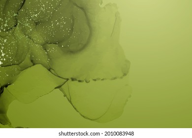 Modern watercolor background or elegant card design or wallpaper or poster with abstract olive green ink waves and golden splashes.