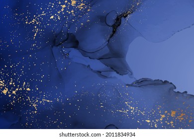 Modern watercolor background or elegant card design or wallpaper or poster with abstract navy blue ink waves and golden splashes.