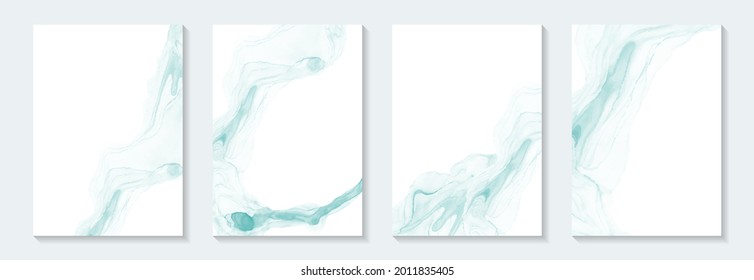 Moderner Aquarell-Hintergrund oder elegantes Kartendesign zum Geburtstag laden Sie ein, eine Hochzeit oder ein Menü mit abstrakten, tealblauen Farbwellen auf Weiß.