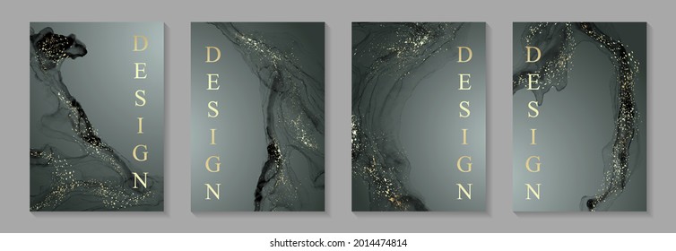 Modern watercolor background or elegant card design for birthday invite or wedding or menu with abstract dark gray ink waves and golden splashes.