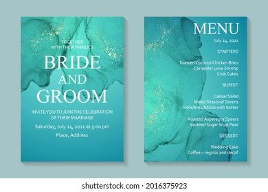 Modern watercolor background or elegant card design for birthday invite or wedding or menu with abstract teal ink waves and golden splashes.