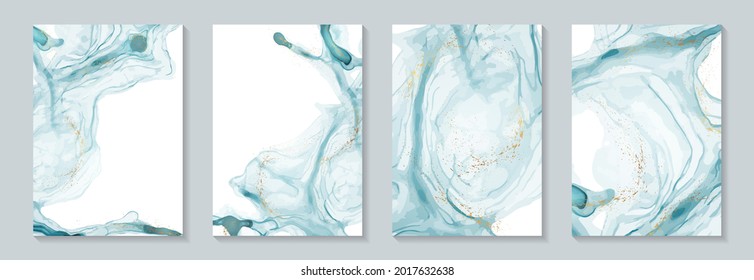 Modern watercolor background or elegant card design for birthday invite or wedding or menu with abstract blue ink waves and golden splashes on a white.