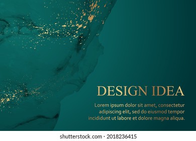 Modern watercolor background or elegant card design or wallpaper or poster with abstract green ink waves and golden splashes.