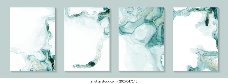 Modern watercolor background or elegant card design for birthday invite or wedding or menu with abstract teal ink waves and golden splashes on a white.