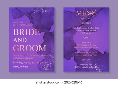 Modern watercolor background or elegant card design for birthday invite or wedding or menu with abstract purple ink waves and pink glitter.