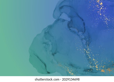 Modern watercolor background or elegant card design or wallpaper or poster with abstract turquoise and blue ink waves and golden splashes.