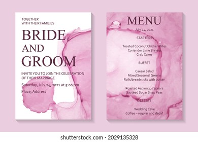 Modern watercolor background or elegant card design for birthday invite or wedding or menu with abstract pink ink stains on a white.