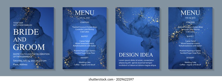 Modern watercolor background or elegant card design for birthday invite or wedding or menu with abstract navy blue ink waves and golden splashes.