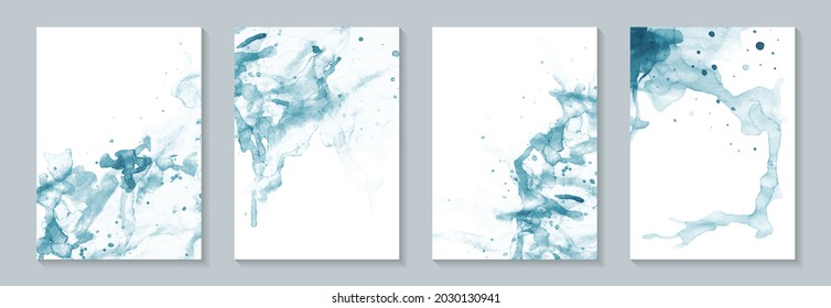 Modern watercolor background or elegant card design for birthday invite or wedding or menu with abstract blue ink stains and splashes on a white.