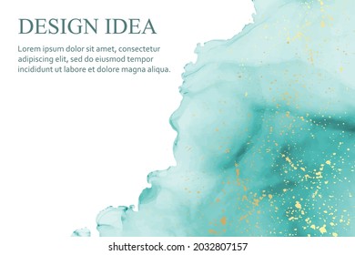 Modern watercolor background or elegant card design or wallpaper or poster with abstract teal ink waves and golden splashes on a white.