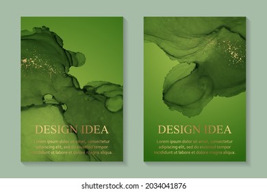 Modern watercolor background or elegant card design for birthday invite or wedding or menu with abstract green ink waves and golden splashes.
