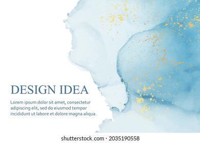 Modern watercolor background or elegant card design or wallpaper or poster with abstract blue ink waves and golden splashes on a white.