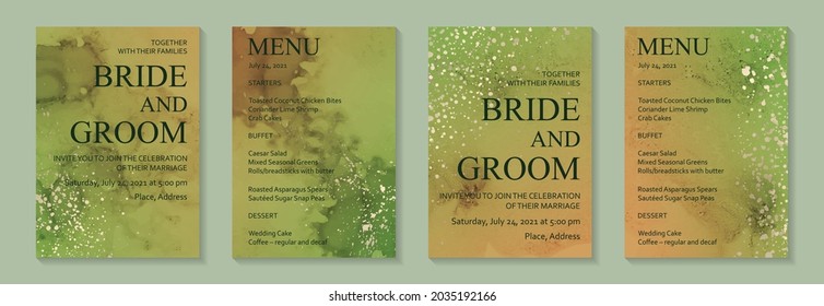 Modern watercolor background or elegant card design for birthday invite or wedding or menu with abstract green and red ink stains and golden splashes.