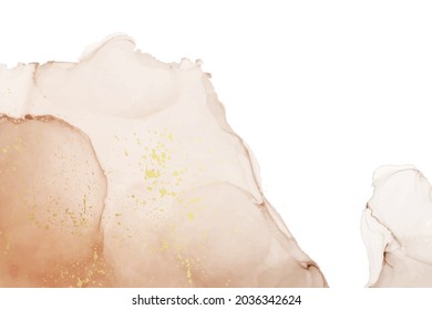 Modern watercolor background or elegant card design or wallpaper or poster with abstract brown or beige ink waves and golden splashes on a white.