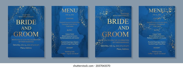 Modern Watercolor Background Or Elegant Card Design For Birthday Invite Or Wedding Or Menu With Abstract Navy Blue Ink Waves And Golden Splashes.