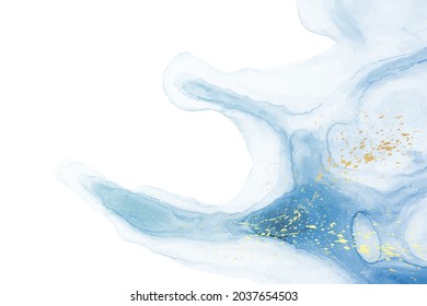 Modern watercolor background or elegant card design or wallpaper or poster with abstract blue ink waves and golden splashes on a white.