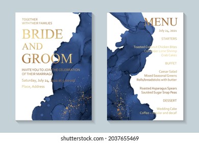 Modern Watercolor Background Or Elegant Card Design For Birthday Invite Or Wedding Or Menu With Abstract Dark Blue Ink Waves And Golden Splashes On A White.