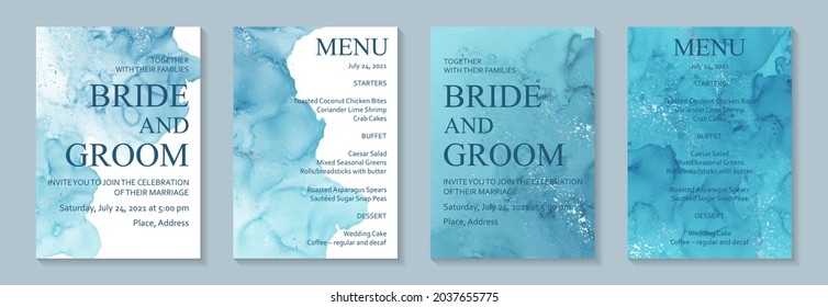 Modern watercolor background or elegant card design for birthday invite or wedding or menu with abstract dark ink waves and splashes on a white.