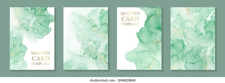 Modern watercolor background or elegant card design for birthday invite or wedding or menu with abstract green ink waves and golden splashes on a white.