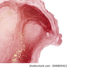 Modern watercolor background or elegant card design or wallpaper or poster with abstract red ink waves and golden splashes on a white.