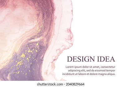 Modern watercolor background or elegant card design or wallpaper or poster with abstract red and purple ink wave and golden splashes on a white.