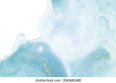 Modern watercolor background or elegant card design or wallpaper or poster with abstract blue ink waves and golden splashes on a white.