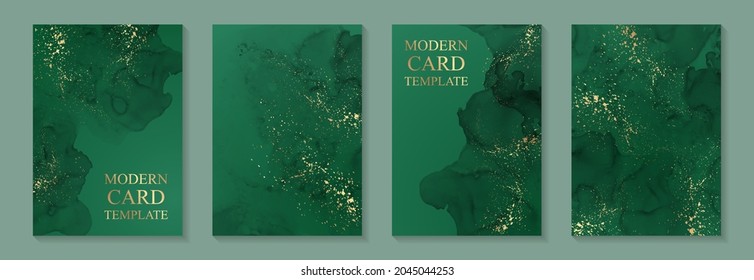 Modern watercolor background or elegant card design for birthday invite or wedding or menu with abstract green ink waves and golden splashes.