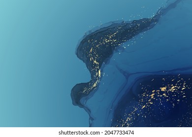Modern watercolor background or elegant card design or wallpaper or poster with abstract blue ink waves and golden splashes.
