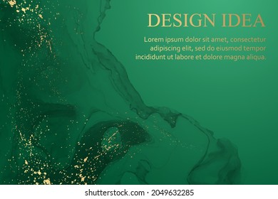 Fondo acuático moderno o diseño elegante de tarjetas o papel pintado o afiche con ondas de tinta verde abstracta y salpicaduras doradas.