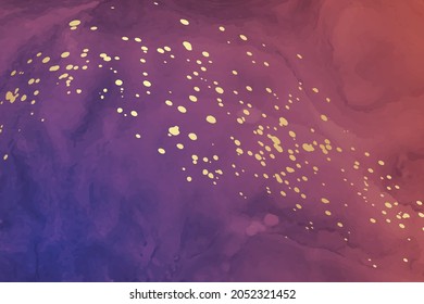 Modern watercolor background or elegant card design or wallpaper or poster with abstract red and purple ink waves and golden splashes.