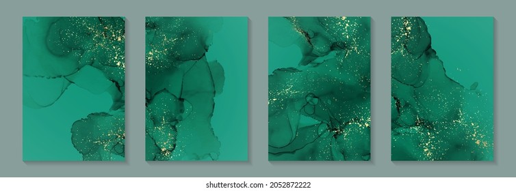 Modern watercolor background or elegant card design for birthday invite or wedding or menu with abstract green ink waves and golden splashes.