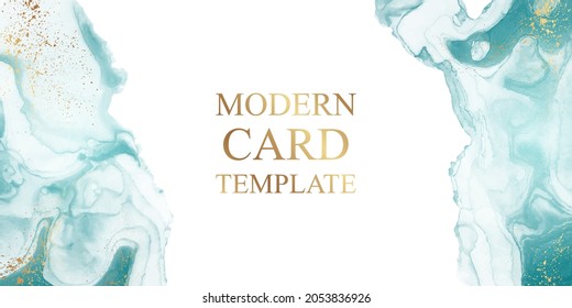 Modern watercolor background or elegant card design or banner or header with abstract teal ink waves and golden splashes on a white.