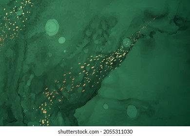 Modern watercolor background or elegant card design or wallpaper or poster with abstract green ink waves and golden splashes.