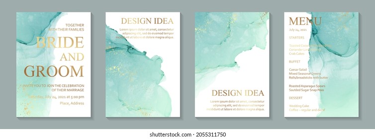 Modern watercolor background or elegant card design for birthday invite or wedding or menu with abstract teal or turquoise ink waves and golden splashes on a white.