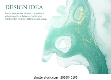 Modern watercolor background or elegant card design or wallpaper or poster with abstract turquoise green ink waves and golden splashes on a white.